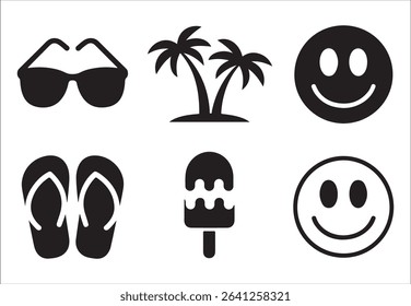 A vector set of summer icons featuring tropical beach scenes with palm trees, sun, sea, and island silhouettes, perfect for vacation and travel designs