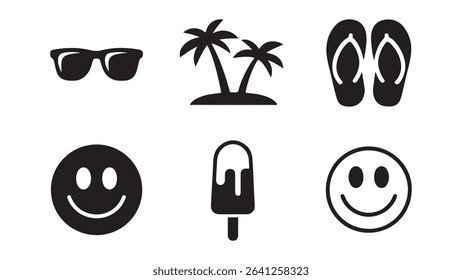 A vector set of summer icons featuring tropical beach scenes with palm trees, sun, sea, and island silhouettes, perfect for vacation and travel designs