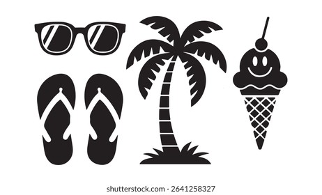 A vector set of summer icons featuring tropical beach scenes with palm trees, sun, sea, and island silhouettes, perfect for vacation and travel designs