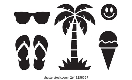 A vector set of summer icons featuring tropical beach scenes with palm trees, sun, sea, and island silhouettes, perfect for vacation and travel designs