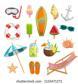 Vector set summer icons. Mask for diving, watermelon, surfboard, shells, starfish, beach umbrella, flip flops, frozen juice, lemonade, life ring and anchor. Beach chair and cocktail pina colada