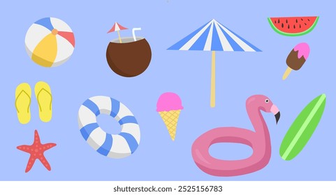 Vector Set Of Summer Icons There Are Beach Balls, Buoys, Ice Cream, Slippers, Umbrellas, Watermelon, Starfish And Coconuts