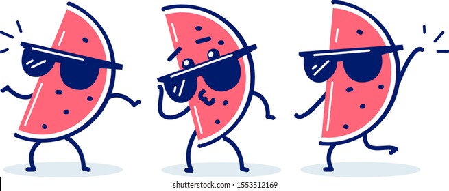 Vector set of summer illustration of cool character piece of red watermelon in sunglasses in different pose on white background. Flat style design for web, site, banner, card, poster, invitation