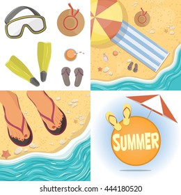Vector set with summer illustrations. Sunny beach. Mat, umbrella, hat, slipper, cocktail, sea, waves, sun screen.  Feet in sandals, sea and sand beach. Fins, mask, cocktail, slippers and hat.