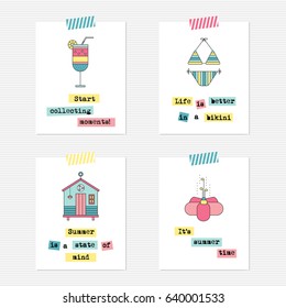 Vector set of summer inspirational cards. Bright beach elements with motivational text. Printable posters, design for tour agency brochures or banners. Simple elegant modern design.