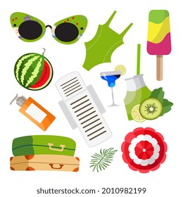 Vector set of summer items for the beach and leisure swimsuit, umbrella, glasses. Flat style illustration.