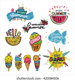 Vector set of summer labels. Doodle illustrations with  frames, ice cream, sea waves, yacht, lemon, pineapple, sun, fish. Hand drawn lettering.