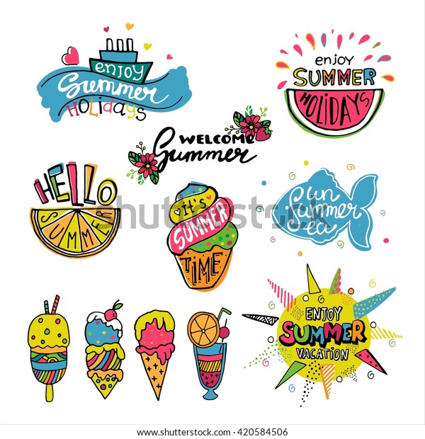 Vector Set Summer Labels Doodle Illustrations Stock Vector Royalty Free