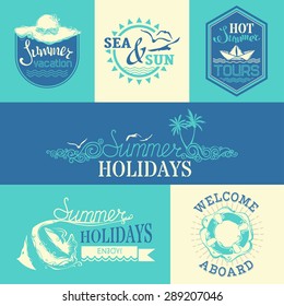 Vector set of summer labels and emblems. Travel and vacation badges and logo templates on bright background. Summer Holidays / Hot Summer Tours / Welcome Aboard / Summer Vacation / Sea and Sun.