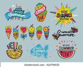Vector set of summer labels. Hand drawn doodle illustrations with flowers, frames, ice cream, sea waves, yacht, lemon, pineapple, sun, fish.   lettering.