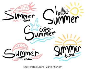 Vector Set of Summer labels, logos, hand drawn tags and elements for summer holiday, travel, beach vacation, sun.