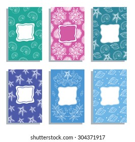 Vector set of summer marine cards. Hand drawn cute white sea objects on blue and turquoise background.