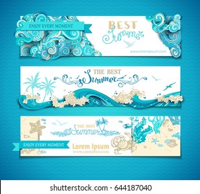 Vector set of summer marine horizontal banners. The best summer. Ornate clouds. Sea/ocean waves. Underwater wild life. Algae, fish, starfish, crab. There is place for your text on white background.