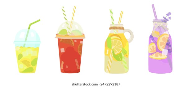 Vector set of summer non alcoholic cocktails lavender mint raspberry. Cartoon juice and lemonade illustration set.