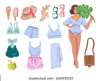 Vector set of summer objects: bikini, skirt, briefs, bra, towel, bag, glasses, hat and ice cream. Stylish young girl with monsterra leave. Stock collection of isolated design elements in cartoon style