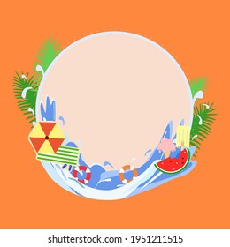 Vector - Set of summer on round shape. Umbrella, sea, beach, watermelon, ice cream, ring rubber. Rest, Time to travel. Colorful image. Can be use for banner, poster, advertising, marketing. Copy space