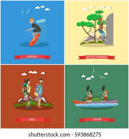 Vector set of summer outdoor activities concept posters, banners. Surfing, Rock climbing, Hike, Kayak design elements in flat style.