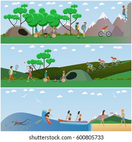 Vector set of summer outdoor activities concept posters, banners. Camping, climbing up the rock, surfing, diving, kayaking, playing badminton, riding bicycle. Flat style design. - Shutterstock ID 600805733