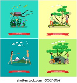 Vector set of summer outdoor activities concept posters, banners. Diving, Badminton and Camping design elements in flat style.