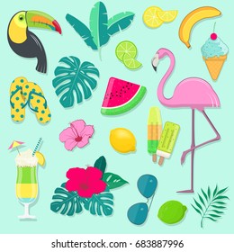 Vector set of summer party icons with tropical birds, fruits, flowers and cocktail. Exotic elements for poster, card and  invitation