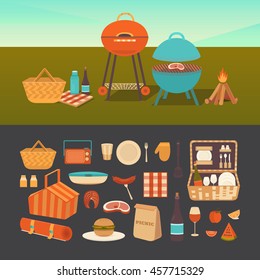 Conjunto vectorial de picnic de verano. Barbacoa al aire libre. Ilustración de un picnic en el parque. Fin de semana familiar en la naturaleza. Colección de iconos: barbacoa parrilladas, cesta, termos, frutas, sándwiches y vino.