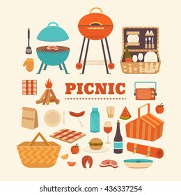 Vector set of summer picnic. Illustration barbecue outdoors. Collection of icons for picnic: barbecue grills, basket, steak, fruits, sandwich, wine and others. Illustration of a picnic in the park.