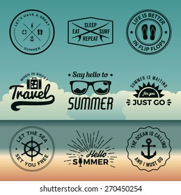 vector set of summer quotes, emblems and design elements on beach background