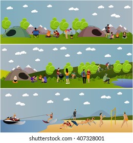 Vector set of summer recreation concept banners in flat style.