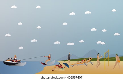 Vector set of summer recreation concept banners in flat style. People playing water sport on a beach.