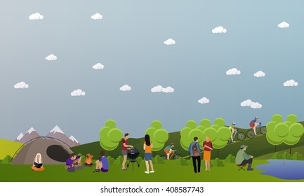 Vector set of summer recreation concept banners in flat style. People camping in park.