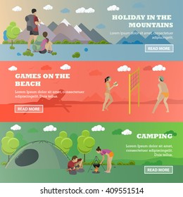 Vector set of summer recreation concept banners in flat style. Beach volleyball, forest camping, mountain hiking.
