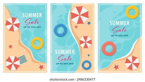 Vektorgrafik-Set mit Poster für den Sommerverkauf . Vertikale sommerliche Hintergründe Vorlage. Vektorillustration