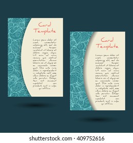 Vector set of summer sea blue boho paisley card template designs, perfect for brochure covers, leaflets, flyers, cards and invitations. Doodle design.