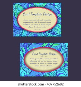 Vector set of summer sea blue boho paisley card template designs, perfect for brochure covers, leaflets, flyers, cards and invitations. Doodle design.