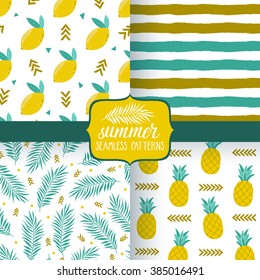 Vector set of summer seamless patterns with pineapples, lemons, palm leaves and stripes. Bright repeated textures for wrapping paper, textile design and other.