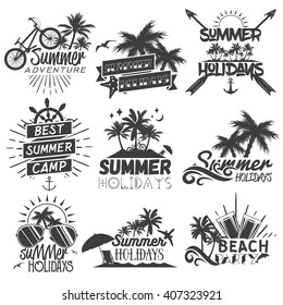 Vector set of summer season labels in vintage style. Design elements, icons, logo, emblems and badges isolated on white background. Summer camp, beach holidays, tropical sea vacations.