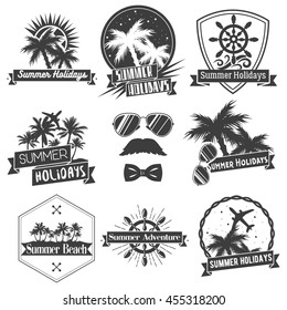 Vector set of summer season labels in vintage style. Design elements, icons, logo, emblems and badges isolated on white background. Summer, beach holidays, tropical sea vacations.