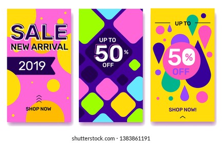 Vector set of summer seasonal template instagram story with bright abstract elements on color background. Social media design with text for web, site, sale banner, mobile app, poster