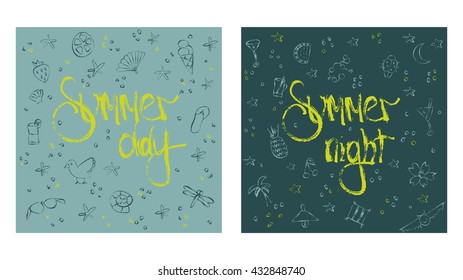 Vector set of summer. Shells, ice cream, strawberries. hand-drawn illustration