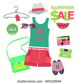 vector set of summer shopping in city