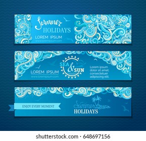 Vector set of summer sky horizontal banners. Clouds in dark blue sky. Summer holidays web templates. There is copy space for your text on blue background.