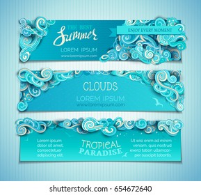 Vector set of summer sky horizontal banners. Hand-drawn ornate clouds, curls, swirls and spirals. There is copy space for your text on blue background. Summer web templates.