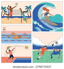 Vector Set of Summer Sports – Beach Volleyball, Surfing, Swimming, Tennis, Football – Modern Flat Illustration