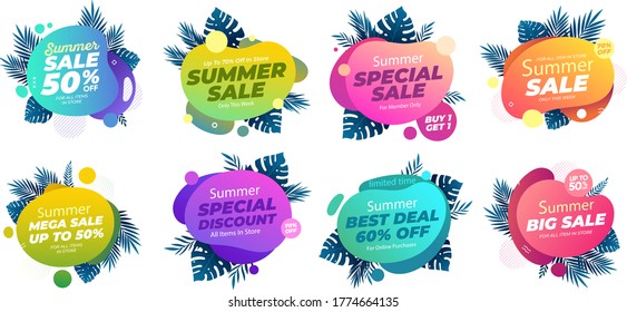 Vector set of summer, spring sale banner template. Liquid abstract bubbles with flowers, branches, leaves. Modern background and backdrop, Promo badge for seasonal offer, promotion, advertising.