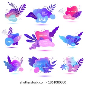 Conjunto de vectores de verano, plantilla de banner de venta de primavera. Burbujas abstractas líquidas con flores, ramas, hojas. Antecedentes y fondo, placa promocional para oferta estacional, promoción, publicidad, red social