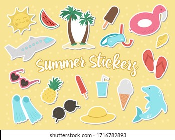 Vector set of summer stickers isolated. Cute flat illustration for kids with palm tree, plane, sunglasses, funny inflatable ring. Vacation beach objects.  Design for print