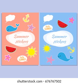 Vector set of summer stickers with sun, sea star, flower, anchor, watermelon