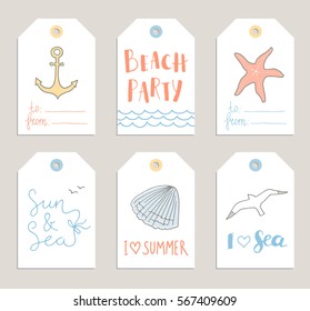 Vector set of summer tags, cards with hand drawn lettering, anchor, shell, seagull and starfish