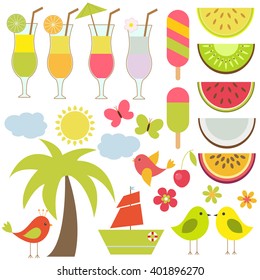 Vector set for summer theme. Palm trees, cold drinks, summer fruit and poultry.