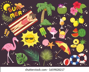 Conjunto de vectores de verano. Tomar el sol, cocoteros, hibiscos, hojas tropicales, fruta, bebida, helado,
Flamingo, sol, paraguas, anillo de salvavidas, bola. Perfecto para adhesivos, elementos, álbumes.